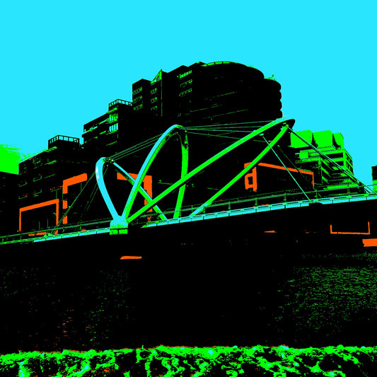 Vivid Country - Melbourne Foot Bridge - 0178-2v7a - Close Detail View, a bold pop-art portrayal of a contemporary Melbourne footbridge with vivid green arches, silhouetted buildings, and a turquoise sky. Vibrant, high-contrast composition in graphic tones.
