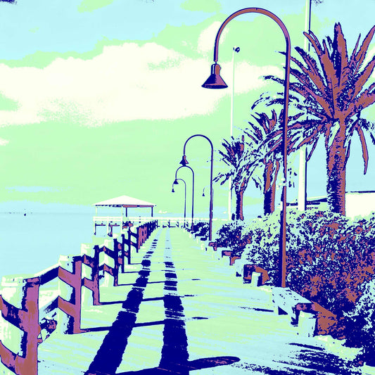 Vivid Country - Melbourne Jetty Port Melbourne - 200004v5 - Close Detail View, a stylised pop-art coastal boardwalk scene featuring palm trees, vintage lamp posts, and sharp cyan shadows stretching across the jetty in high-contrast pastel tones.