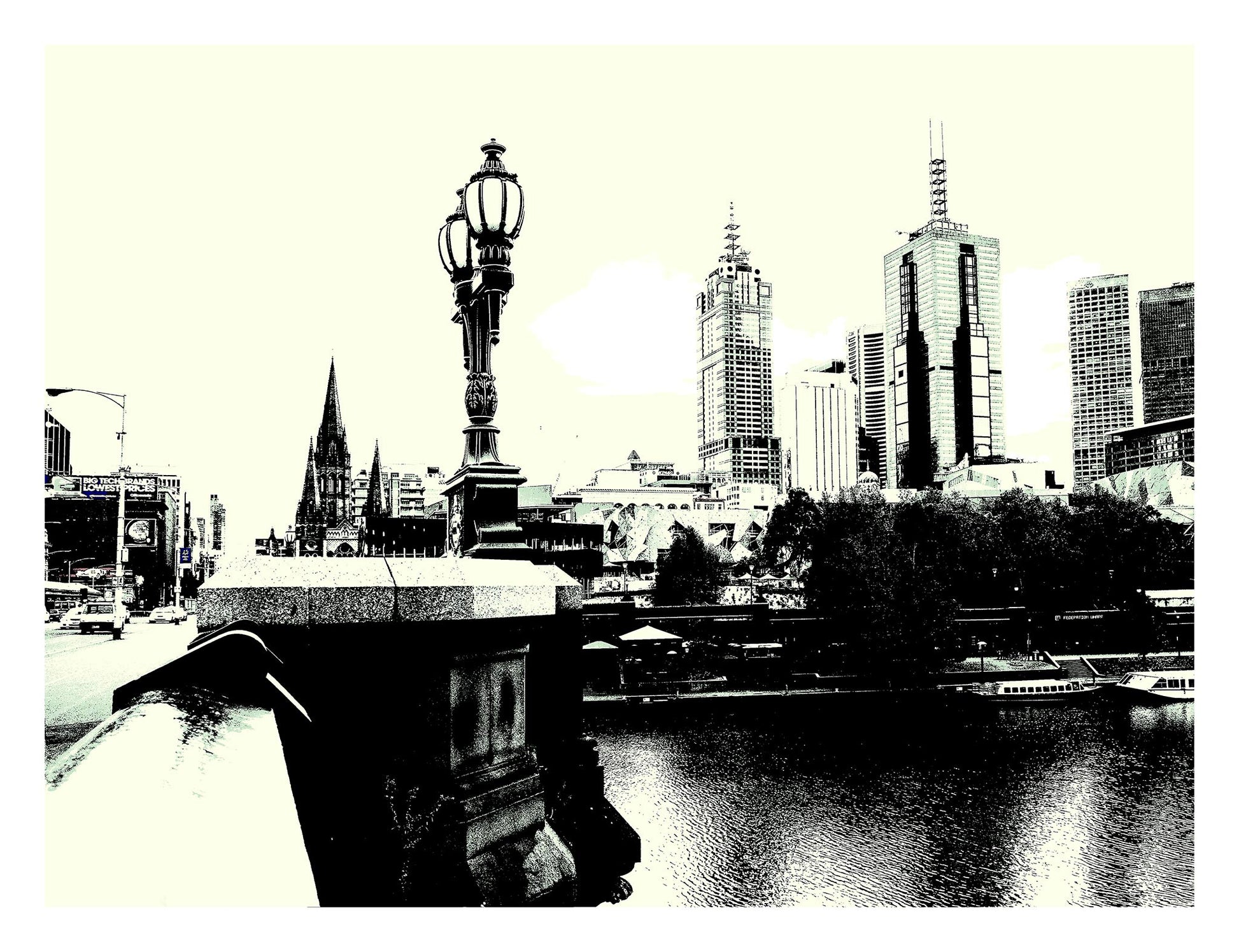 Vivid Country - Melbourne - Princes Bridge - 0085-2v5 - 104x81.5cm, High-contrast black and white fine art print of Melbourne’s Princes Bridge with gothic streetlamp, St Paul’s Cathedral, and city skyline reflected over the Yarra River.