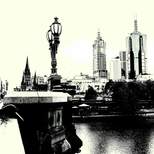Vivid Country - Melbourne - Princes Bridge - 0085-2v5 - Close Detail View, High-contrast black and white fine art print of Melbourne’s Princes Bridge with gothic streetlamp, St Paul’s Cathedral, and city skyline reflected over the Yarra River.