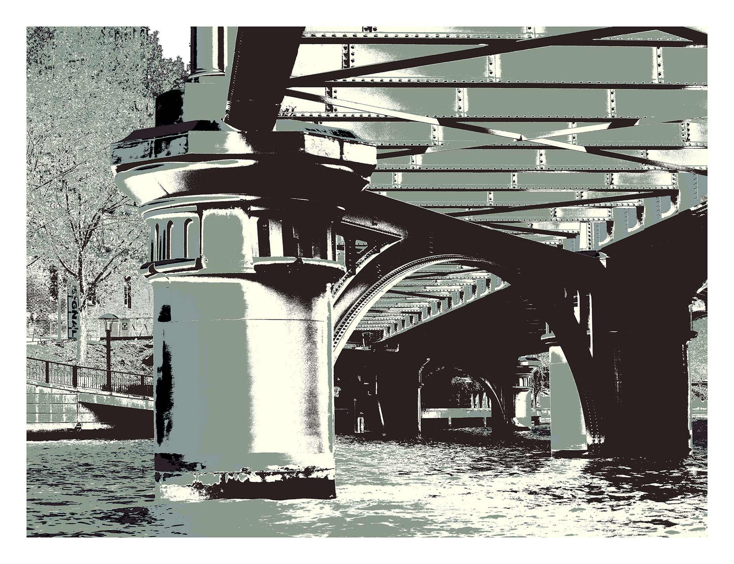 Vivid Country - Melbourne Princess Bridge - 0205v3a - 104x81.5cm, a stylised view beneath a Melbourne Yarra River bridge rendered in cool monochrome tones of sage, grey, and charcoal with striking steel beams and architectural detail.