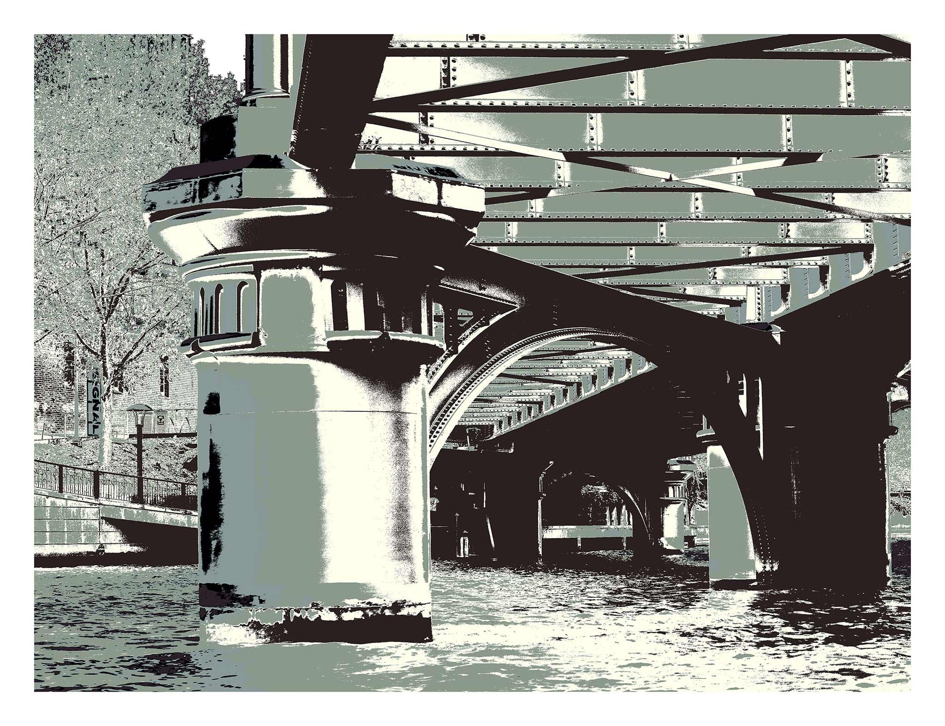 Vivid Country - Melbourne Princess Bridge - 0205v3a - 104x81.5cm, a stylised view beneath a Melbourne Yarra River bridge rendered in cool monochrome tones of sage, grey, and charcoal with striking steel beams and architectural detail.