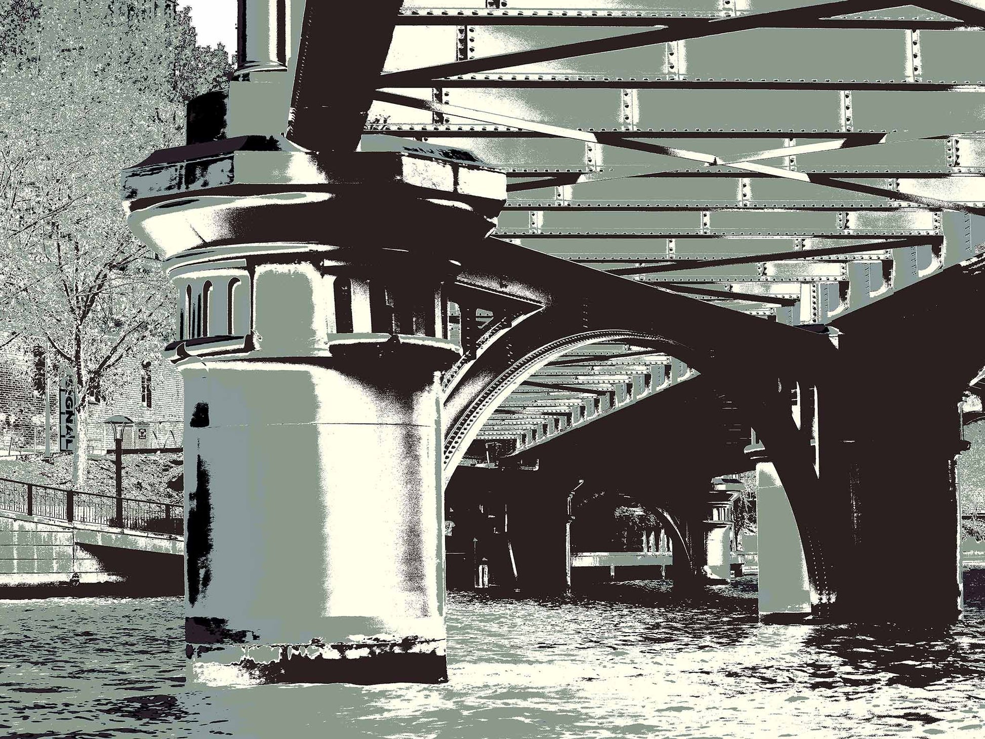 Vivid Country - Melbourne Princess Bridge - 0205v3a - 90x67.5cm, a stylised view beneath a Melbourne Yarra River bridge rendered in cool monochrome tones of sage, grey, and charcoal with striking steel beams and architectural detail.