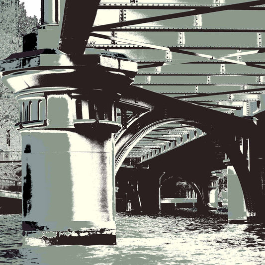Vivid Country - Melbourne Princess Bridge - 0205v3a - Close Detail View, a stylised view beneath a Melbourne Yarra River bridge rendered in cool monochrome tones of sage, grey, and charcoal with striking steel beams and architectural detail.