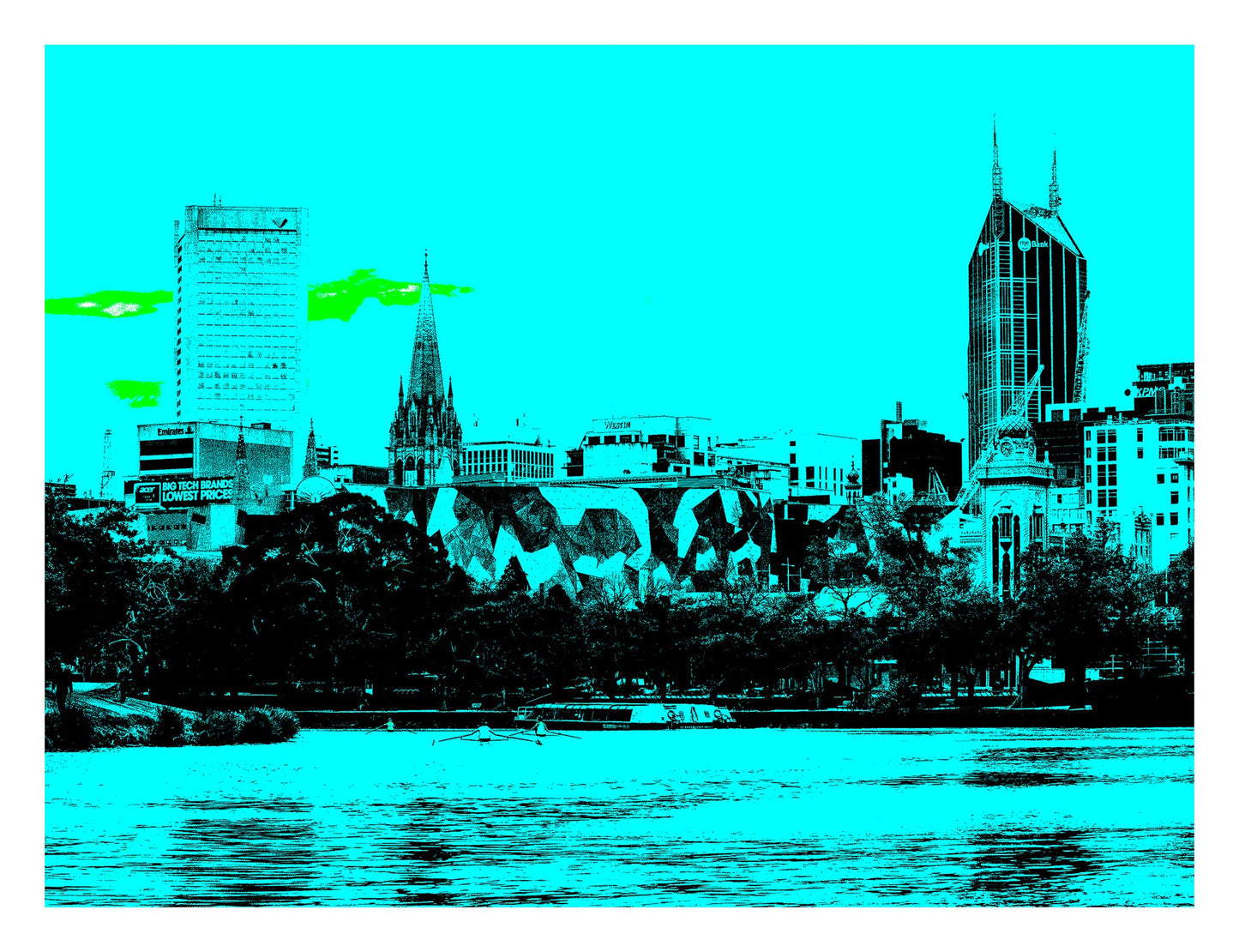 Vivid Country - Melbourne - Rowers - Yarra River City Skyline - 200264v33 - 104x81.5cm, Stylised duotone image of Melbourne’s city skyline viewed from across the Yarra River, featuring iconic buildings, lush trees, and rowers gliding on the water in the foreground. Pop Art inspired colour treatment.