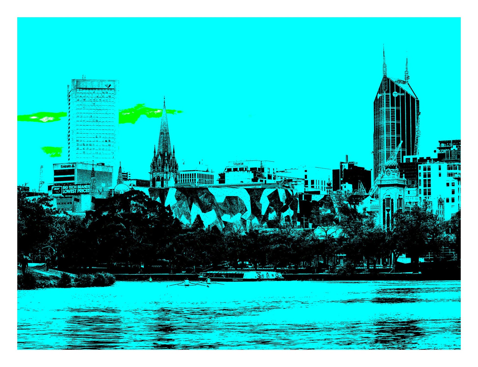 Vivid Country - Melbourne - Rowers - Yarra River City Skyline - 200264v33 - 104x81.5cm, Stylised duotone image of Melbourne’s city skyline viewed from across the Yarra River, featuring iconic buildings, lush trees, and rowers gliding on the water in the foreground. Pop Art inspired colour treatment.