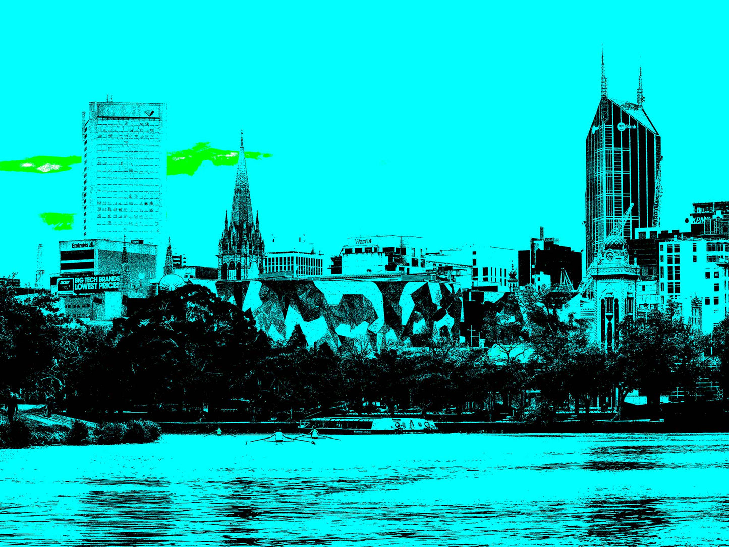 Vivid Country - Melbourne - Rowers - Yarra River City Skyline - 200264v33 - 90x67.5cm, Stylised duotone image of Melbourne’s city skyline viewed from across the Yarra River, featuring iconic buildings, lush trees, and rowers gliding on the water in the foreground. Pop Art inspired colour treatment.