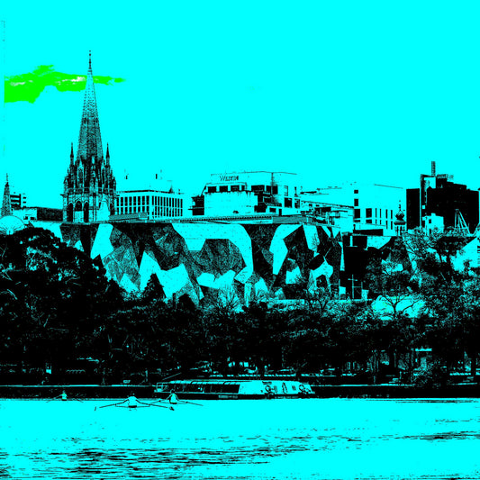 Vivid Country - Melbourne - Rowers - Yarra River City Skyline - 200264v33 - Close Detail View, Stylised duotone image of Melbourne’s city skyline viewed from across the Yarra River, featuring iconic buildings, lush trees, and rowers gliding on the water in the foreground. Pop Art inspired colour treatment.