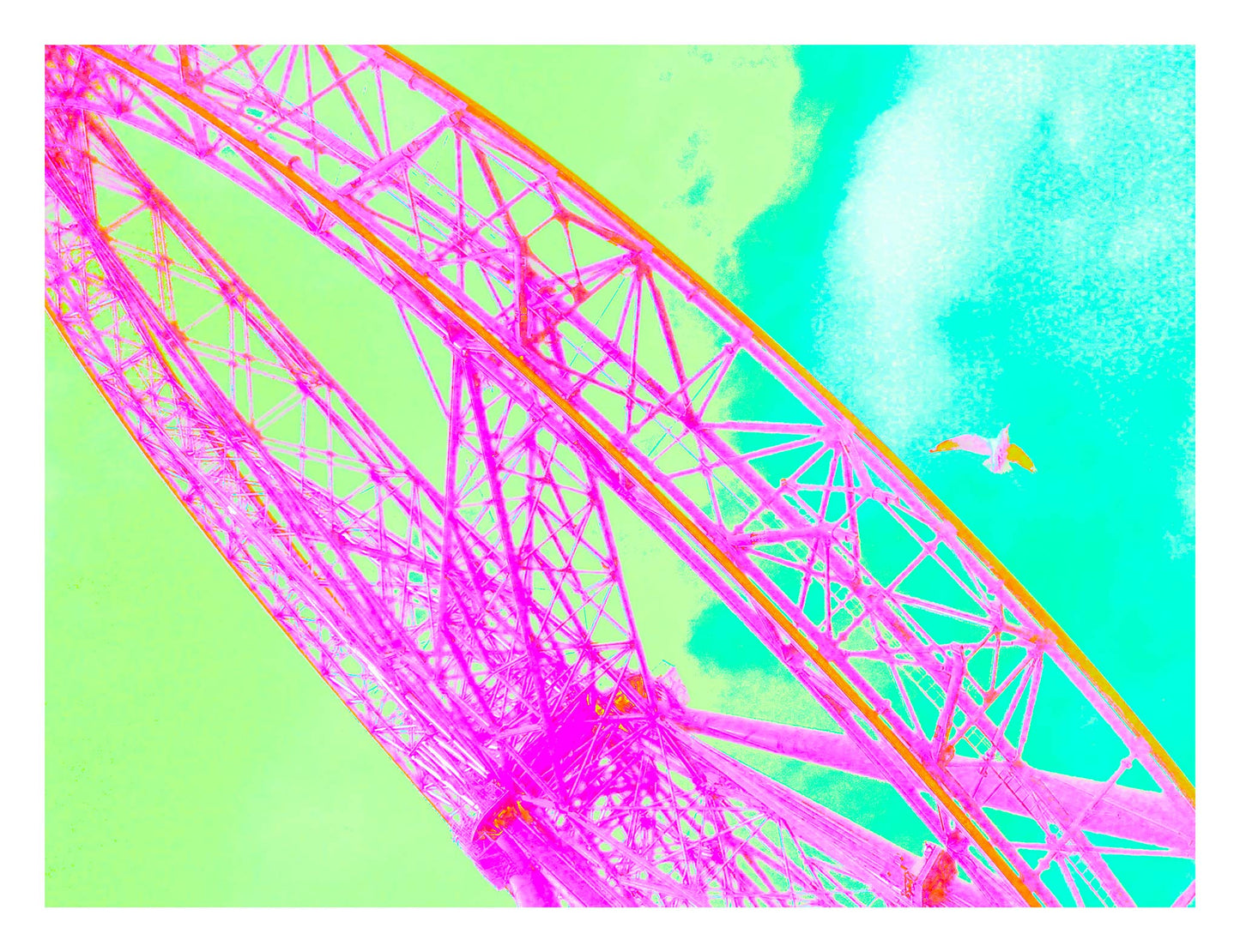Vivid Country - Melbourne - Southern Star Observation Wheel - 0408v37- 104x81.5cm, Pop-art style fine art print of Melbourne’s Star Observation Wheel in vivid pink and orange tones, set against a bright turquoise and green sky with a soaring seagull in the distance.