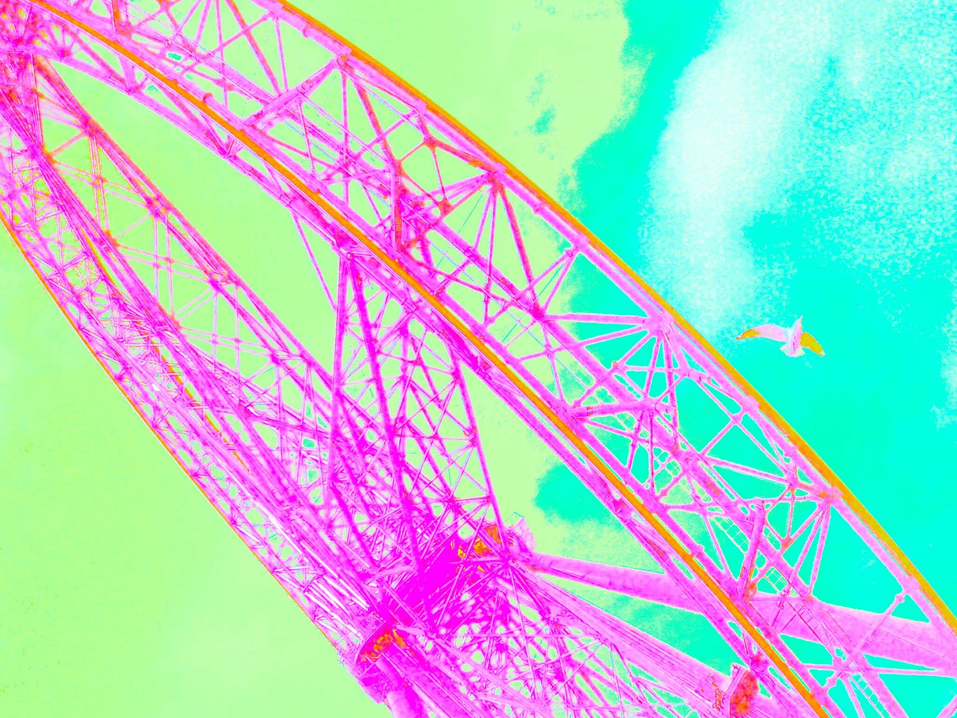 Vivid Country - Melbourne - Southern Star Observation Wheel - 0408v37- 90x67.5cm, Pop-art style fine art print of Melbourne’s Star Observation Wheel in vivid pink and orange tones, set against a bright turquoise and green sky with a soaring seagull in the distance.