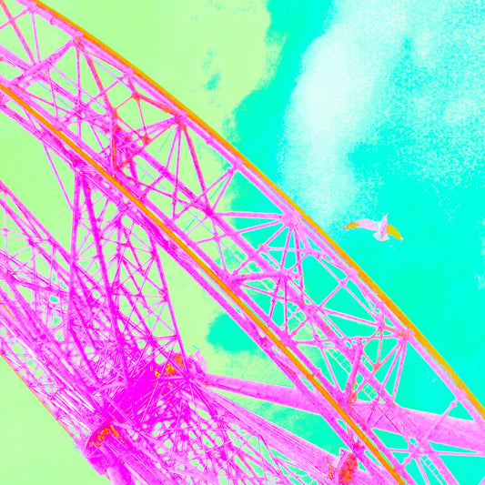 Vivid Country - Melbourne - Southern Star Observation Wheel - 0408v37- Close Detail View, Pop-art style fine art print of Melbourne’s Star Observation Wheel in vivid pink and orange tones, set against a bright turquoise and green sky with a soaring seagull in the distance.