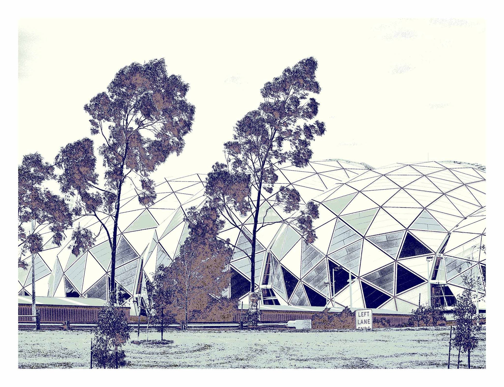 Vivid Country - Melbourne - Stadium - 0237v6a - 104x81.5cm, Stylised fine art print of Melbourne’s AAMI Park stadium with eucalyptus trees in the foreground, featuring geometric domes and a muted palette of lilac, sepia, and white.