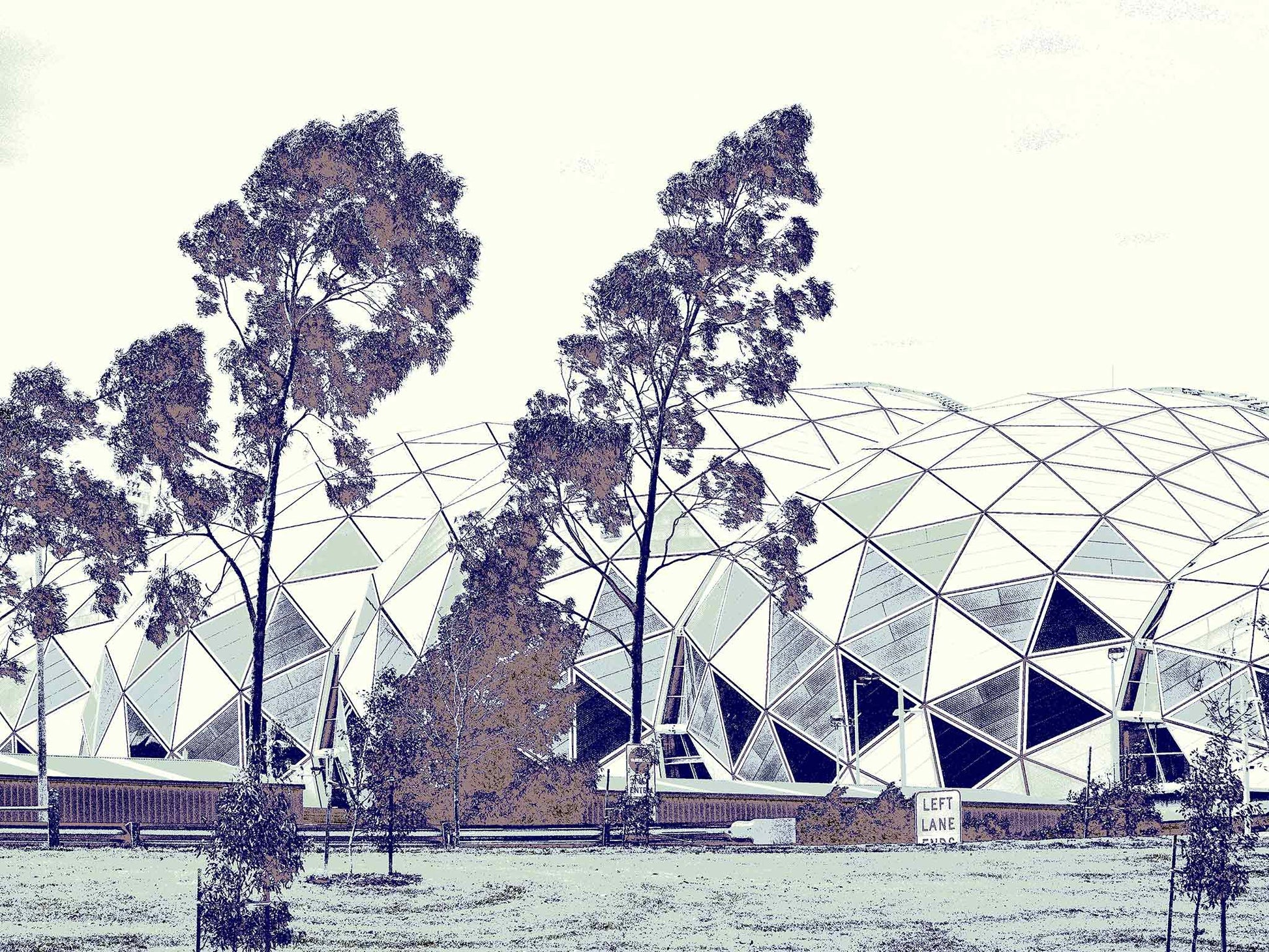 Vivid Country - Melbourne - Stadium - 0237v6a - 90x67.5cm, Stylised fine art print of Melbourne’s AAMI Park stadium with eucalyptus trees in the foreground, featuring geometric domes and a muted palette of lilac, sepia, and white.