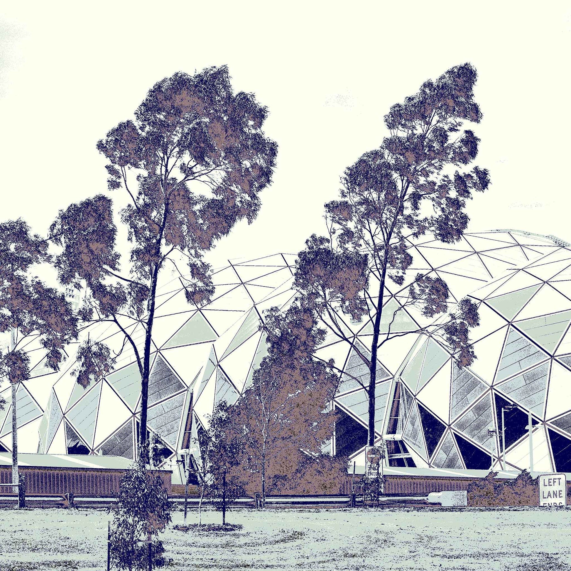 Vivid Country - Melbourne - Stadium - 0237v6a - Close Detail View, Stylised fine art print of Melbourne’s AAMI Park stadium with eucalyptus trees in the foreground, featuring geometric domes and a muted palette of lilac, sepia, and white.