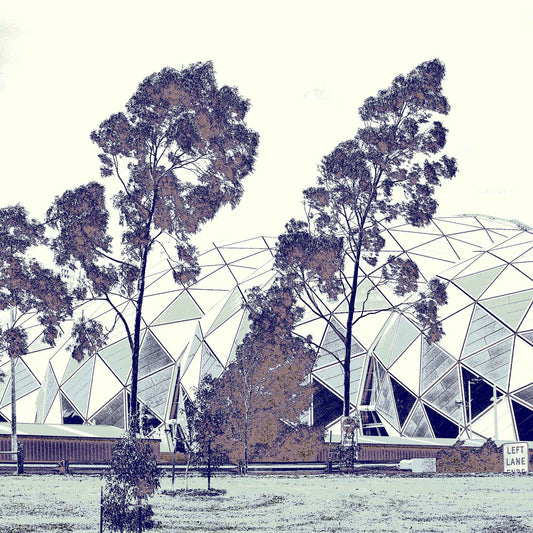 Vivid Country - Melbourne - Stadium - 0237v6a - Close Detail View, Stylised fine art print of Melbourne’s AAMI Park stadium with eucalyptus trees in the foreground, featuring geometric domes and a muted palette of lilac, sepia, and white.