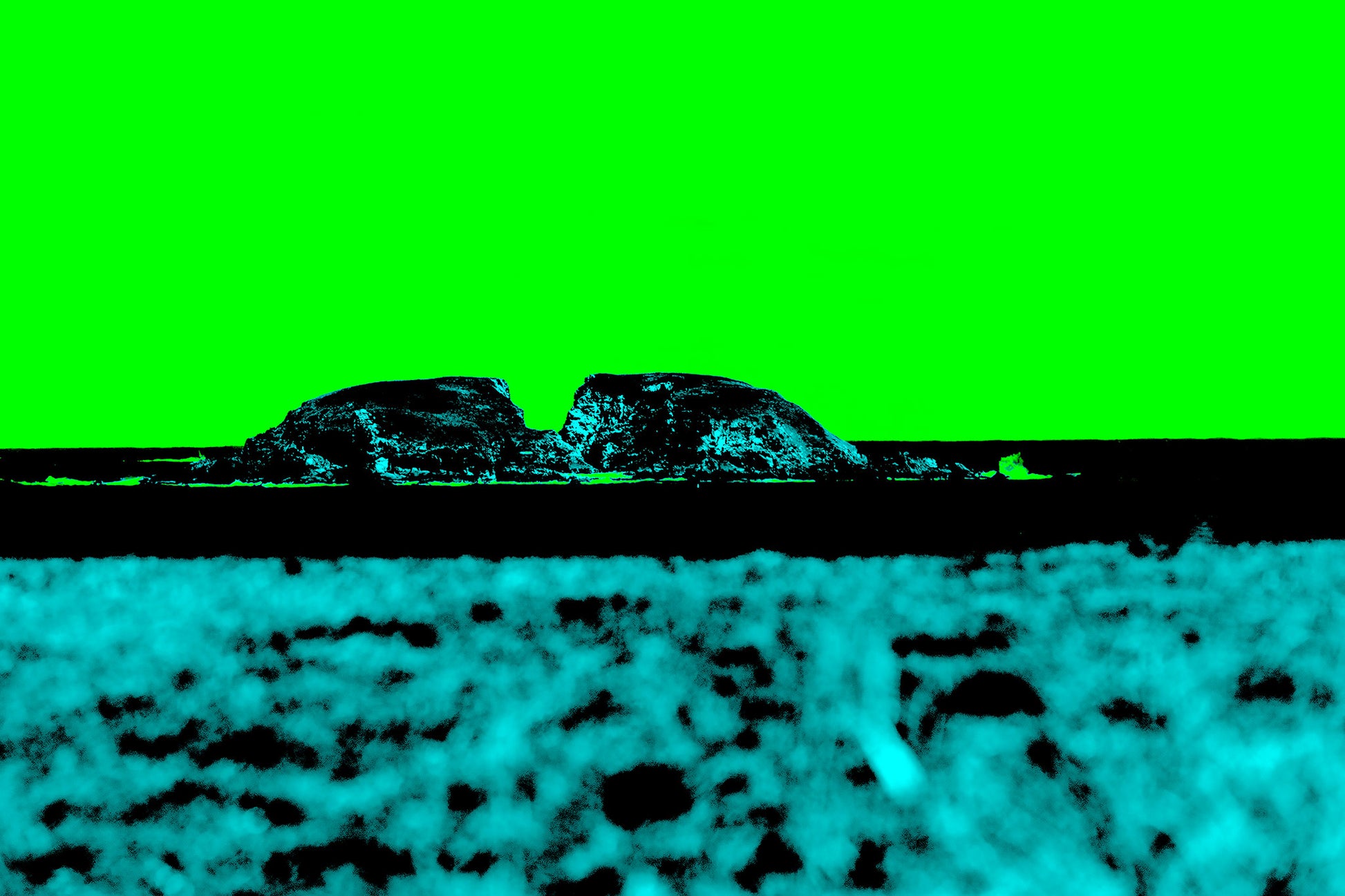 Vivid Country - Moonee Beach View to Split Solitary Island - 0147-2v54 - 90x60cm,  a minimalist pop-style artwork featuring Split Solitary Island in silhouette under a neon green sky with textured cyan beach foreground.