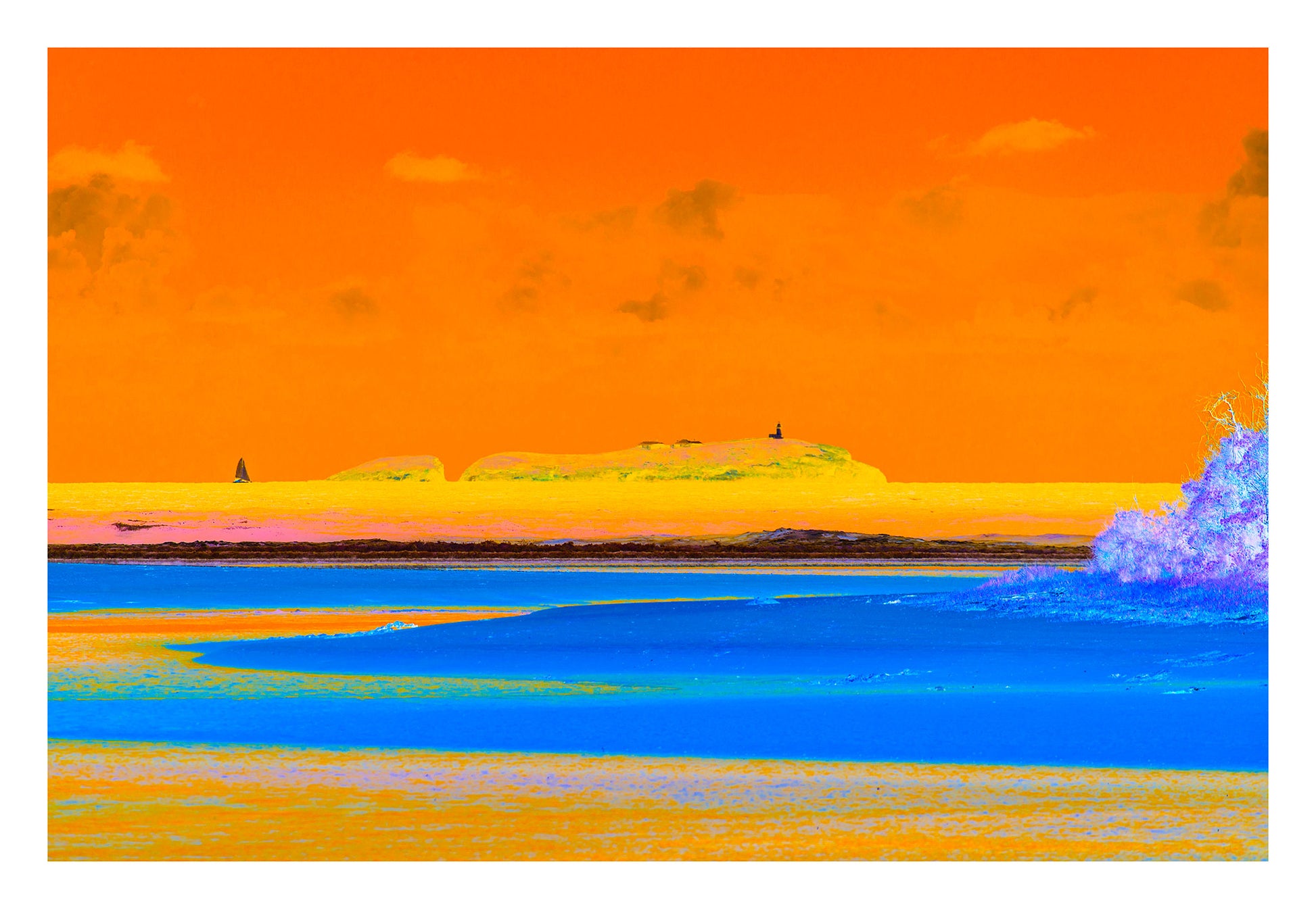 Vivid Country - Moonee Beach View to Split Solitary Island 0138v5 - 104x74cm,  Pop-inspired seascape featuring the island and lighthouse on the horizon beneath an orange sky, with bold blue water and vibrant colour contrasts.