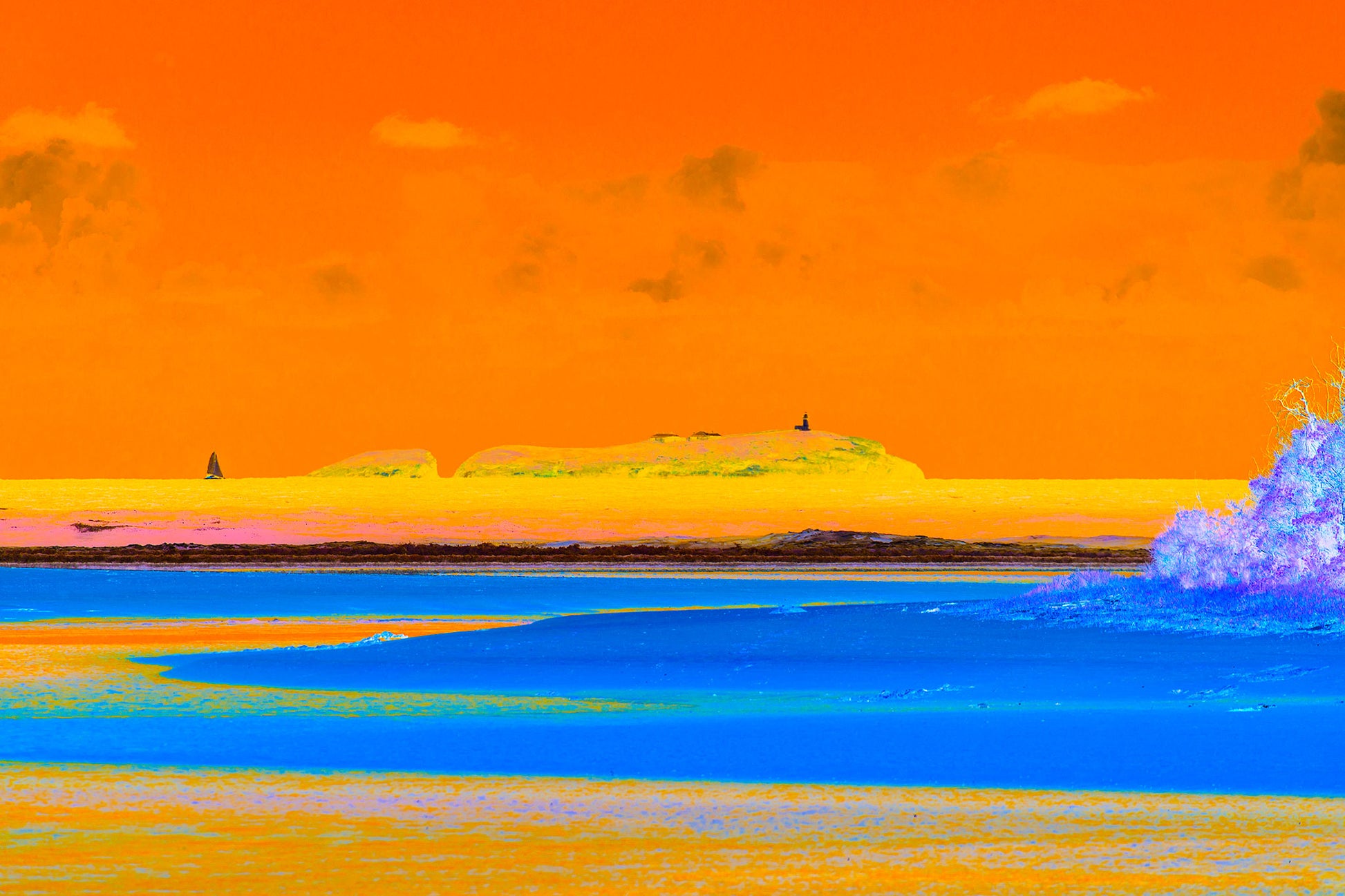 Vivid Country - Moonee Beach View to Split Solitary Island 0138v5 - 90x60cm,  Pop-inspired seascape featuring the island and lighthouse on the horizon beneath an orange sky, with bold blue water and vibrant colour contrasts.