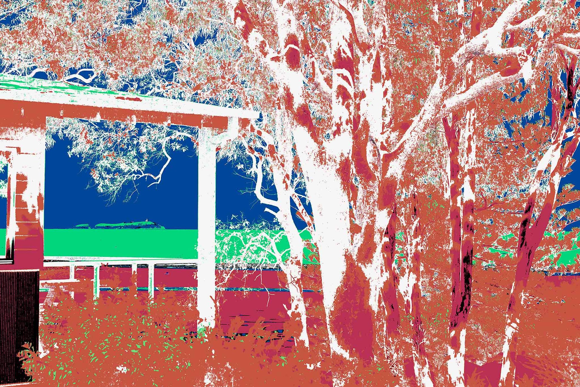 Vivid Country - Moonee Beach View to Split Solitary Island - 9881v5a - 90x60cm, a vibrant composition showing eucalypt trees and a weathered shelter framing a distant view of Split Solitary Island under bold blue sky and aqua sea.