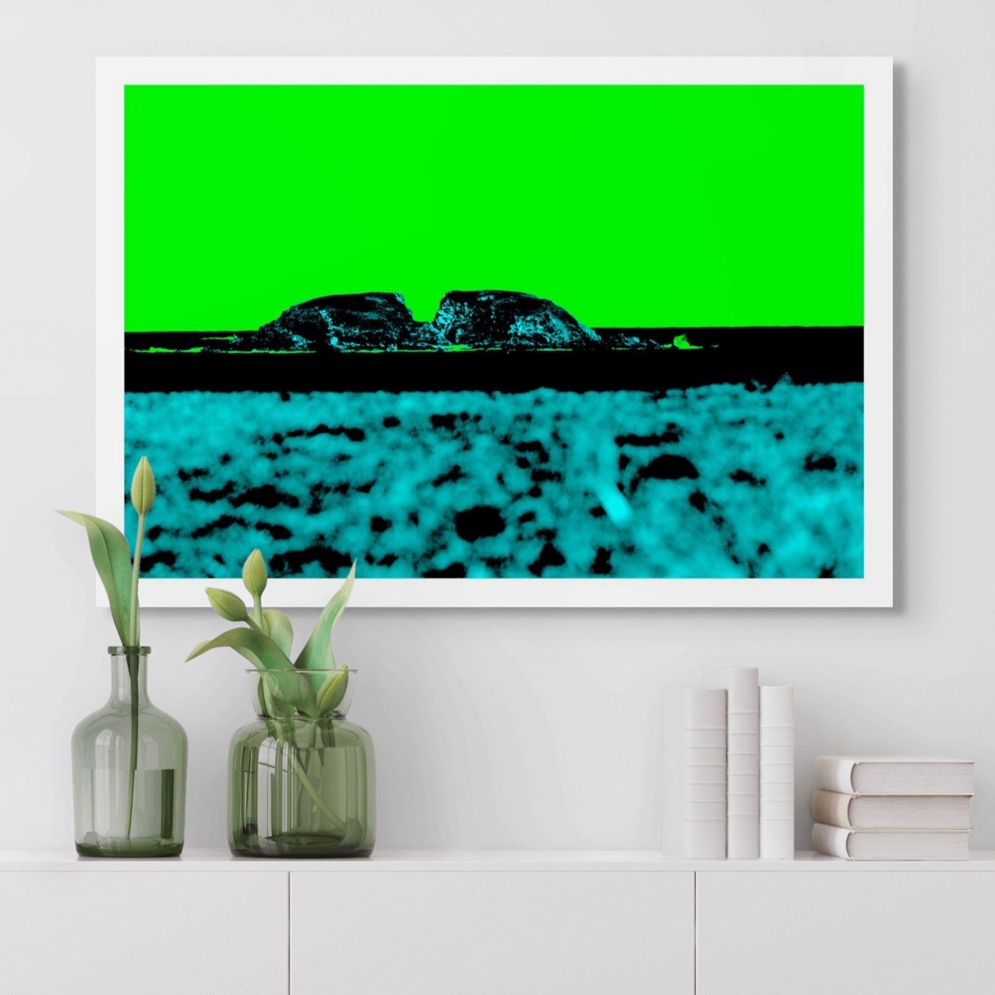 Vivid Country - Moonee Beach View to Split Solitary Island - 0147-2v54 - Room View,  a minimalist pop-style artwork featuring Split Solitary Island in silhouette under a neon green sky with textured cyan beach foreground.