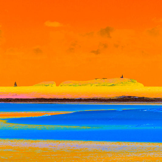 Vivid Country - Moonee Beach View to Split Solitary Island 0138v5 - Close Detail View,  Pop-inspired seascape featuring the island and lighthouse on the horizon beneath an orange sky, with bold blue water and vibrant colour contrasts.