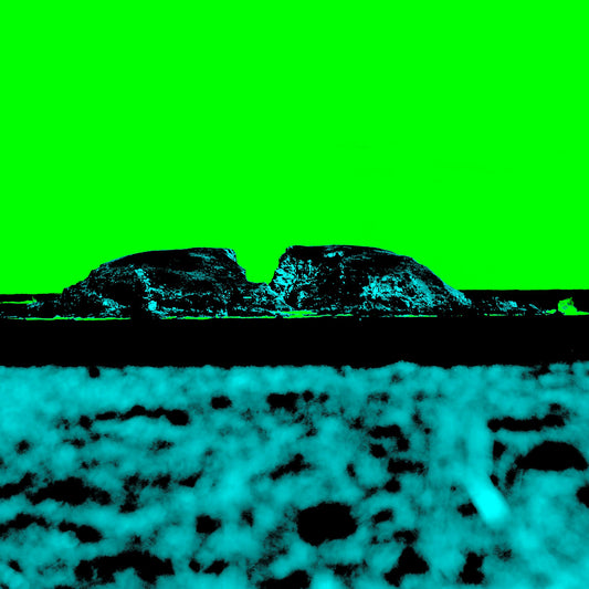 Vivid Country - Moonee Beach View to Split Solitary Island - 0147-2v54 - Close Detail View,  a minimalist pop-style artwork featuring Split Solitary Island in silhouette under a neon green sky with textured cyan beach foreground.