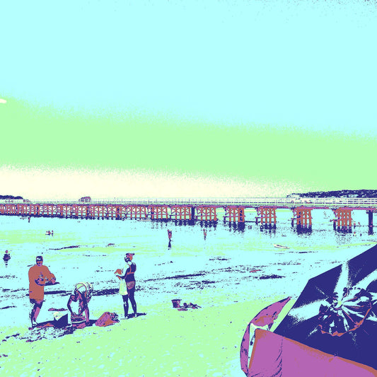 Vivid Country - Queenscliff Beach - 1818v6a - Close Detail View, a vivid Pop Art image of Queenscliff beach featuring families, swimmers, a bold umbrella in the foreground, and the long timber pier stretching into soft green skies and cyan sea.