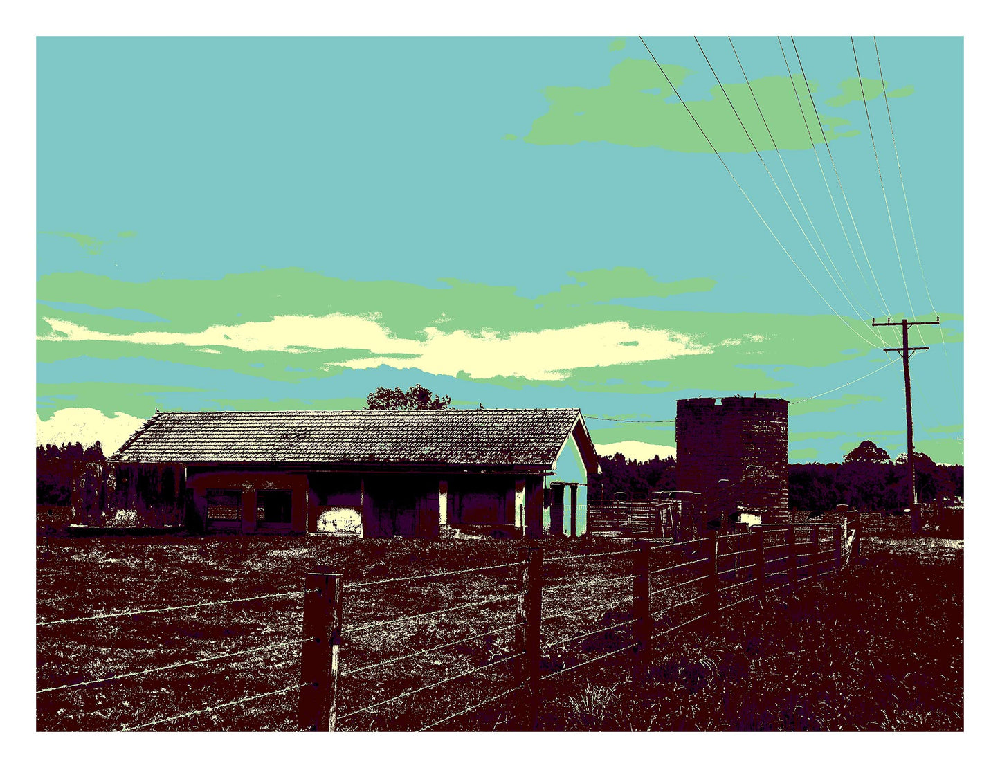 Vivid Country - Raleigh Cow Bails - 6431v10a - 104x81.5cm, a stylised rural scene of an old cow shed, silo, and fenceline under power lines, with a Pop Art sky of turquoise and green.