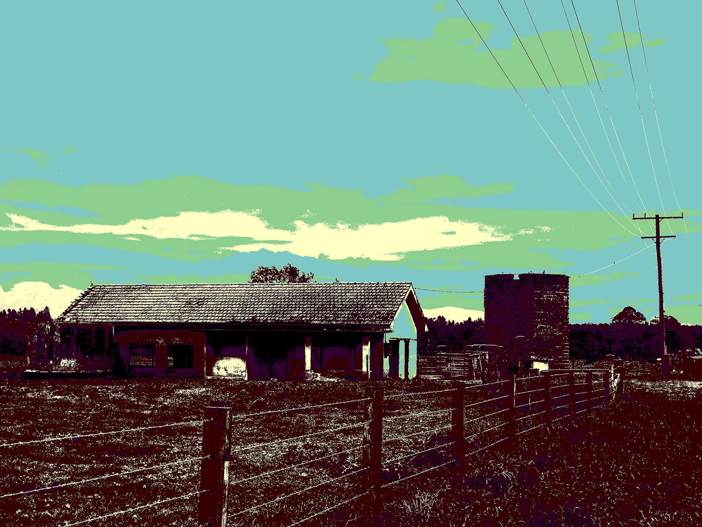 Vivid Country - Raleigh Cow Bails - 6431v10a - 90x67.5cm, a stylised rural scene of an old cow shed, silo, and fenceline under power lines, with a Pop Art sky of turquoise and green.