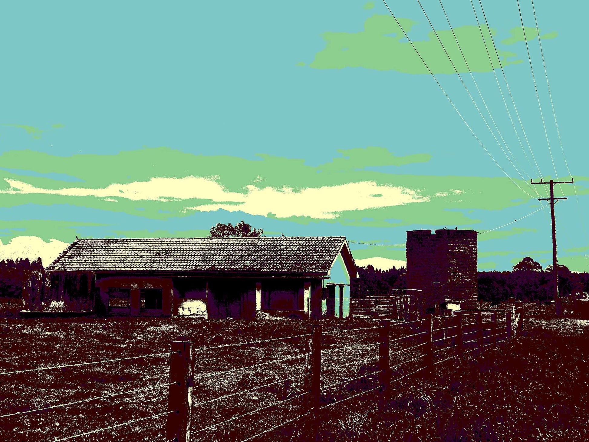 Vivid Country - Raleigh Cow Bails - 6431v10a - 90x67.5cm, a stylised rural scene of an old cow shed, silo, and fenceline under power lines, with a Pop Art sky of turquoise and green.