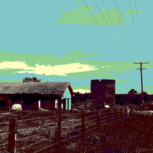 Vivid Country - Raleigh Cow Bails - 6431v10a - Close Detail View, a stylised rural scene of an old cow shed, silo, and fenceline under power lines, with a Pop Art sky of turquoise and green.
