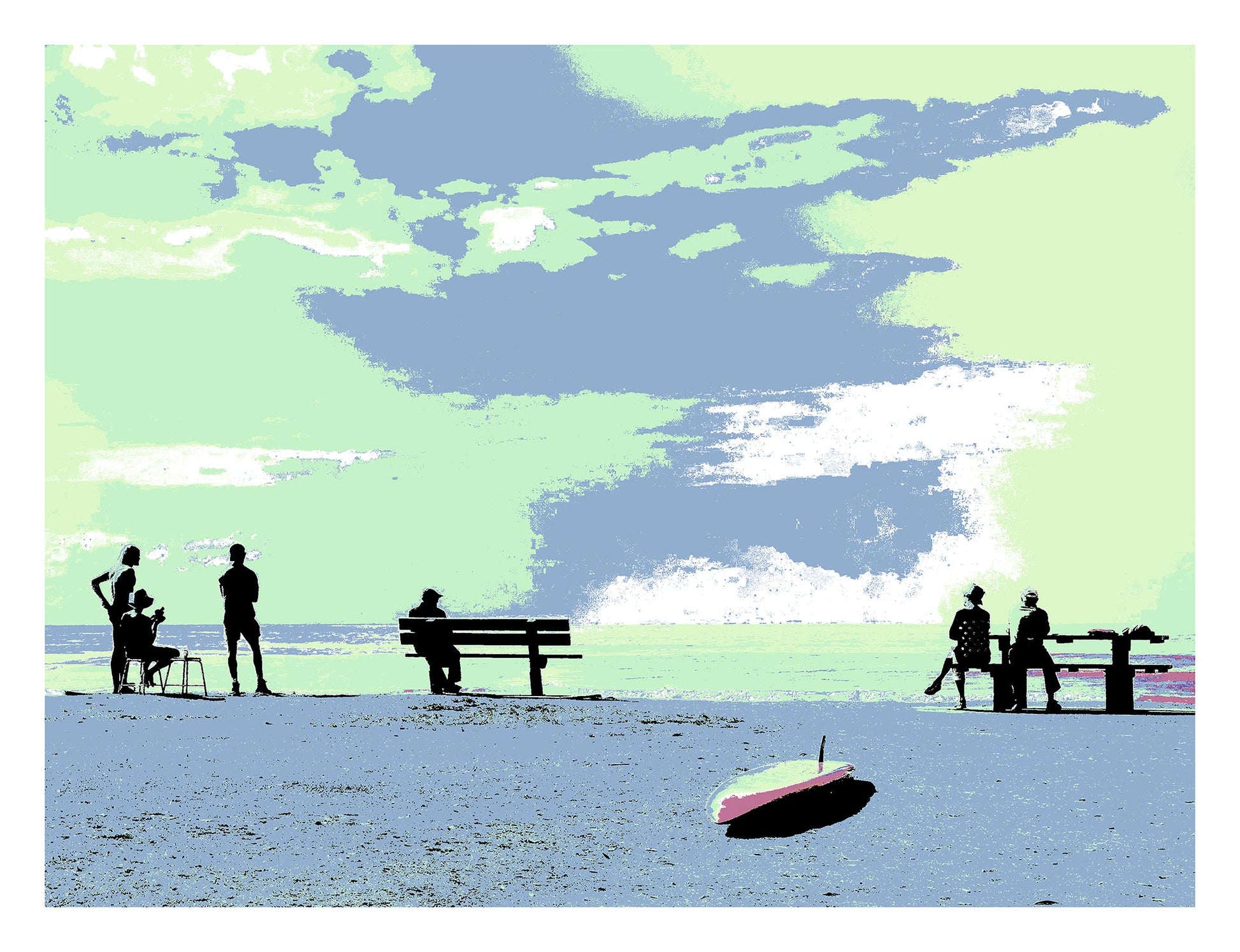 Vivid Country - Sawtell Beach Cafe - 5366v59 - 104x81.5cm, a stylised pastel scene of people seated on benches along the beachfront, under a green and blue sky, with a surfboard resting in the sand in the foreground.
