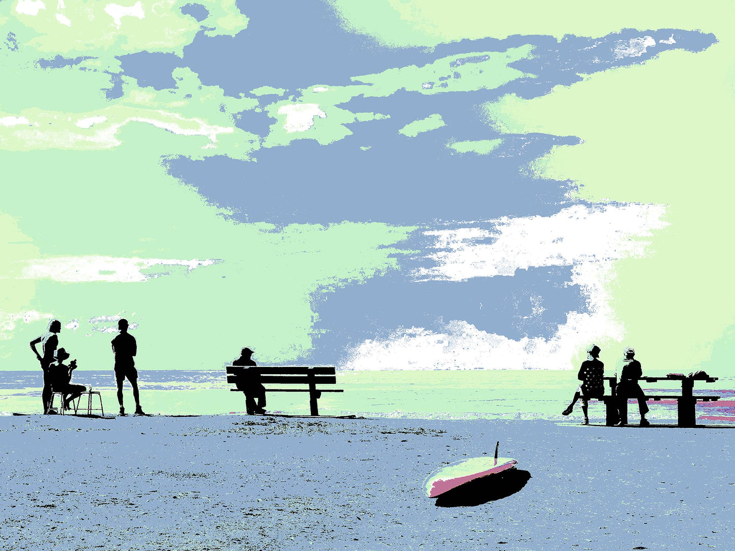 Vivid Country - Sawtell Beach Cafe - 5366v59 - 90x67.5cm, a stylised pastel scene of people seated on benches along the beachfront, under a green and blue sky, with a surfboard resting in the sand in the foreground.