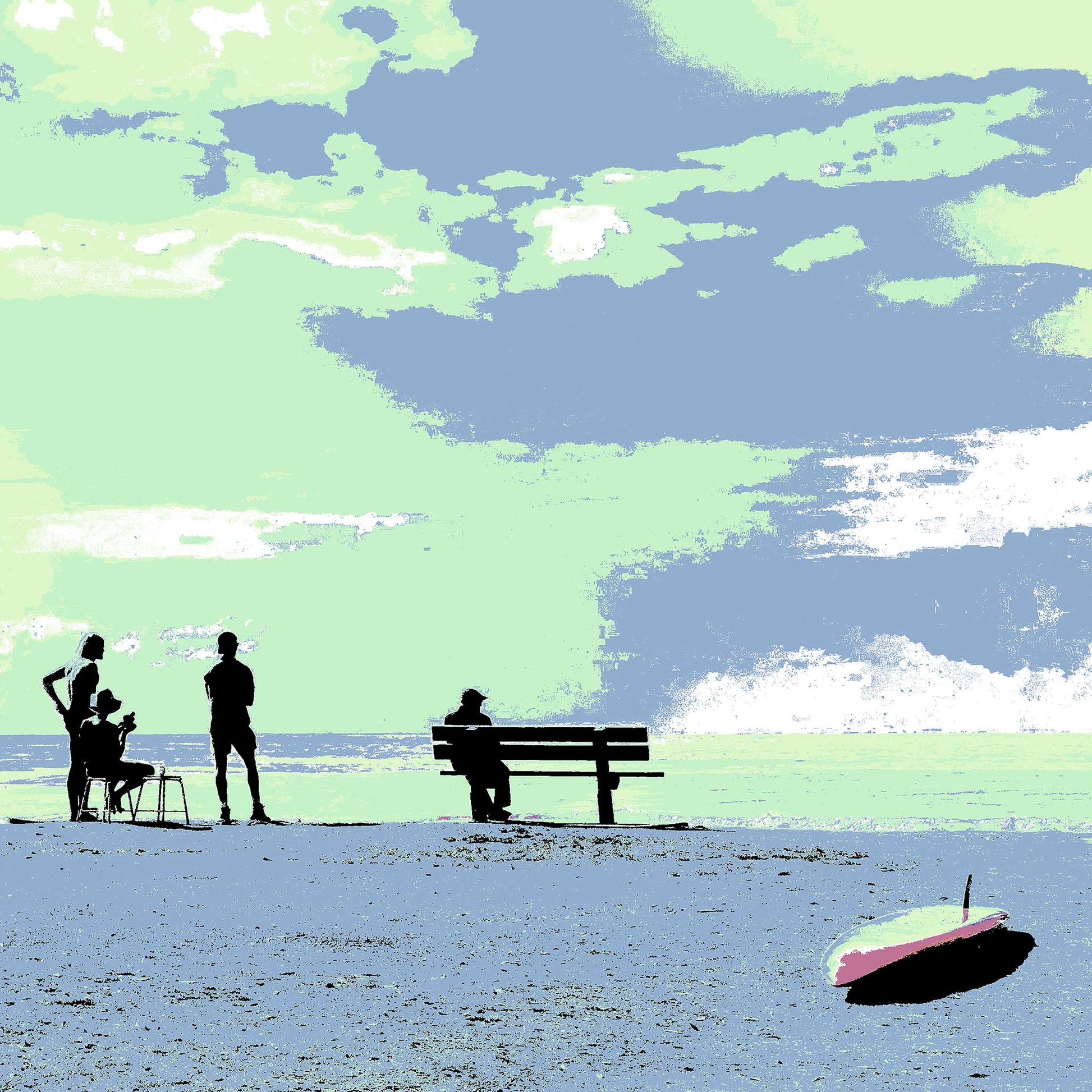 Vivid Country - Sawtell Beach Cafe - 5366v59 - Close Detail View, a stylised pastel scene of people seated on benches along the beachfront, under a green and blue sky, with a surfboard resting in the sand in the foreground.