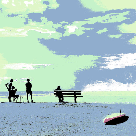 Vivid Country - Sawtell Beach Cafe - 5366v59 - Close Detail View, a stylised pastel scene of people seated on benches along the beachfront, under a green and blue sky, with a surfboard resting in the sand in the foreground.