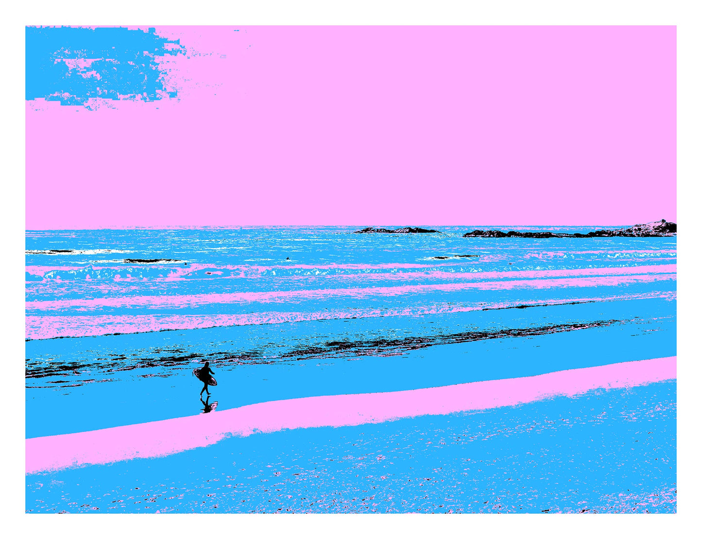 Vivid Country - Sawtell Beach Surfer - 5399v23 - 104x81.5cm, a lone surfer walks across a vividly stylised shoreline of blues and pinks, with gentle waves rolling toward the beach under a bubblegum sky.