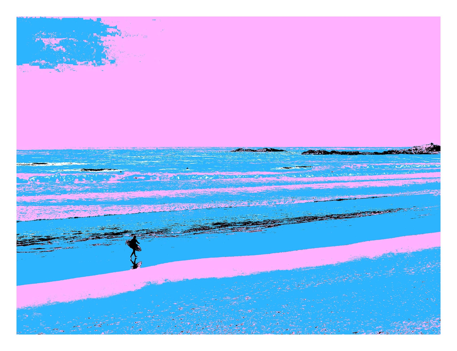 Vivid Country - Sawtell Beach Surfer - 5399v23 - 104x81.5cm, a lone surfer walks across a vividly stylised shoreline of blues and pinks, with gentle waves rolling toward the beach under a bubblegum sky.