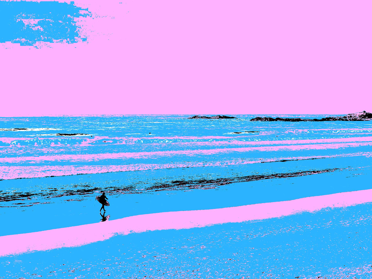Vivid Country - Sawtell Beach Surfer - 5399v23 - 90x67.5cm, a lone surfer walks across a vividly stylised shoreline of blues and pinks, with gentle waves rolling toward the beach under a bubblegum sky.