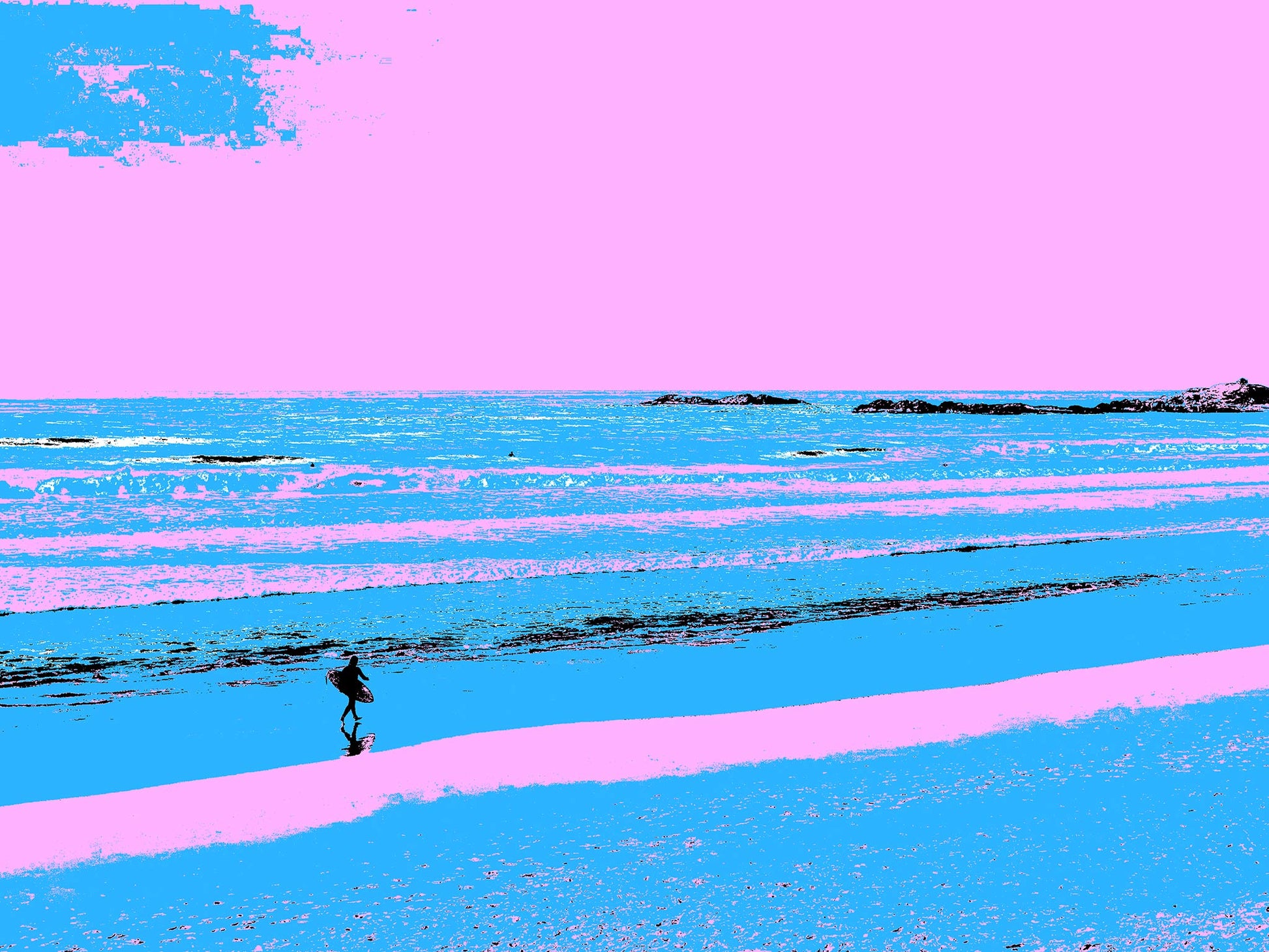 Vivid Country - Sawtell Beach Surfer - 5399v23 - 90x67.5cm, a lone surfer walks across a vividly stylised shoreline of blues and pinks, with gentle waves rolling toward the beach under a bubblegum sky.
