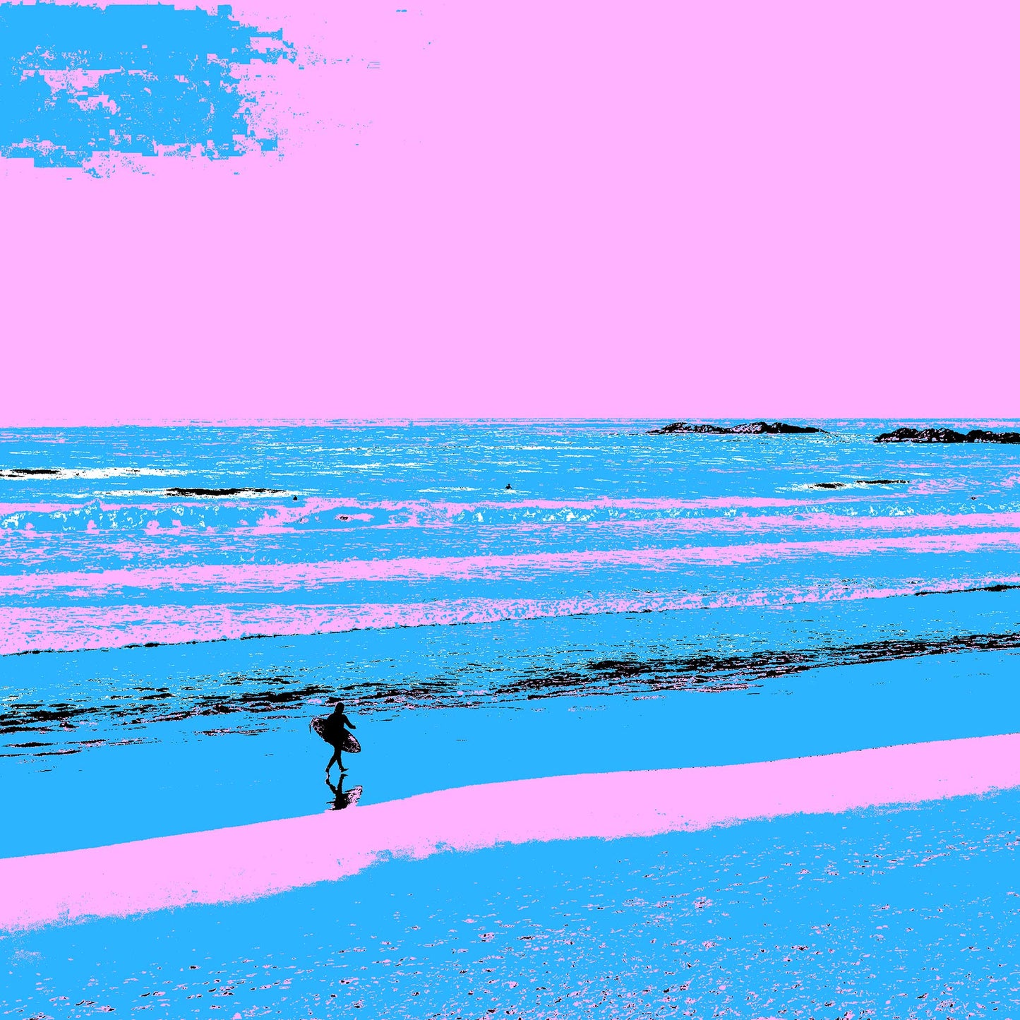 Vivid Country - Sawtell Beach Surfer - 5399v23 - Close Detail View, a lone surfer walks across a vividly stylised shoreline of blues and pinks, with gentle waves rolling toward the beach under a bubblegum sky.