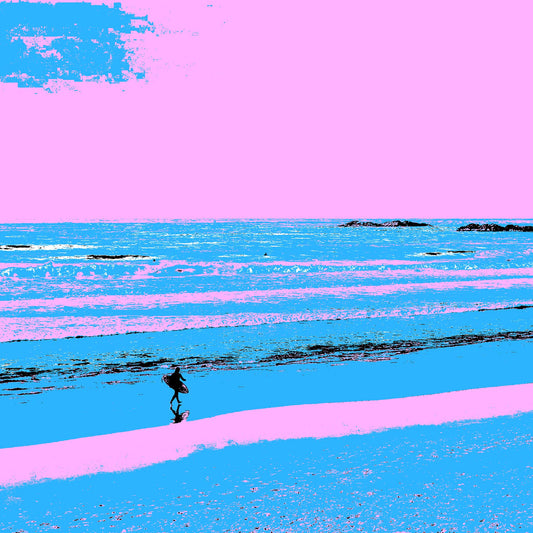 Vivid Country - Sawtell Beach Surfer - 5399v23 - Close Detail View, a lone surfer walks across a vividly stylised shoreline of blues and pinks, with gentle waves rolling toward the beach under a bubblegum sky.