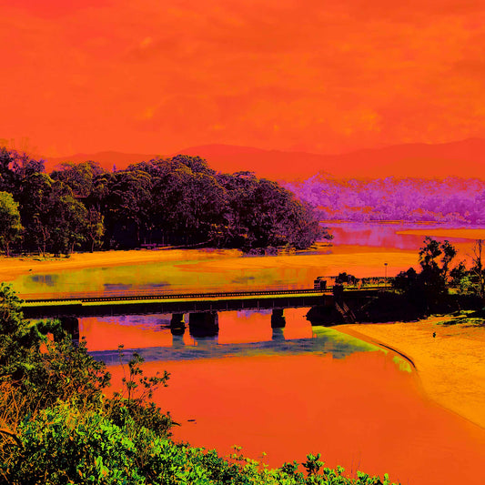 Vivid Country - Sawtell Boambee Creek Railway Bridge - 5223v14 - Close Detail View, a bold panoramic coastal landscape in vivid orange, green, and purple hues, featuring the Boambee railway bridge over reflective creek waters with bushland and mountain silhouettes in the distance.