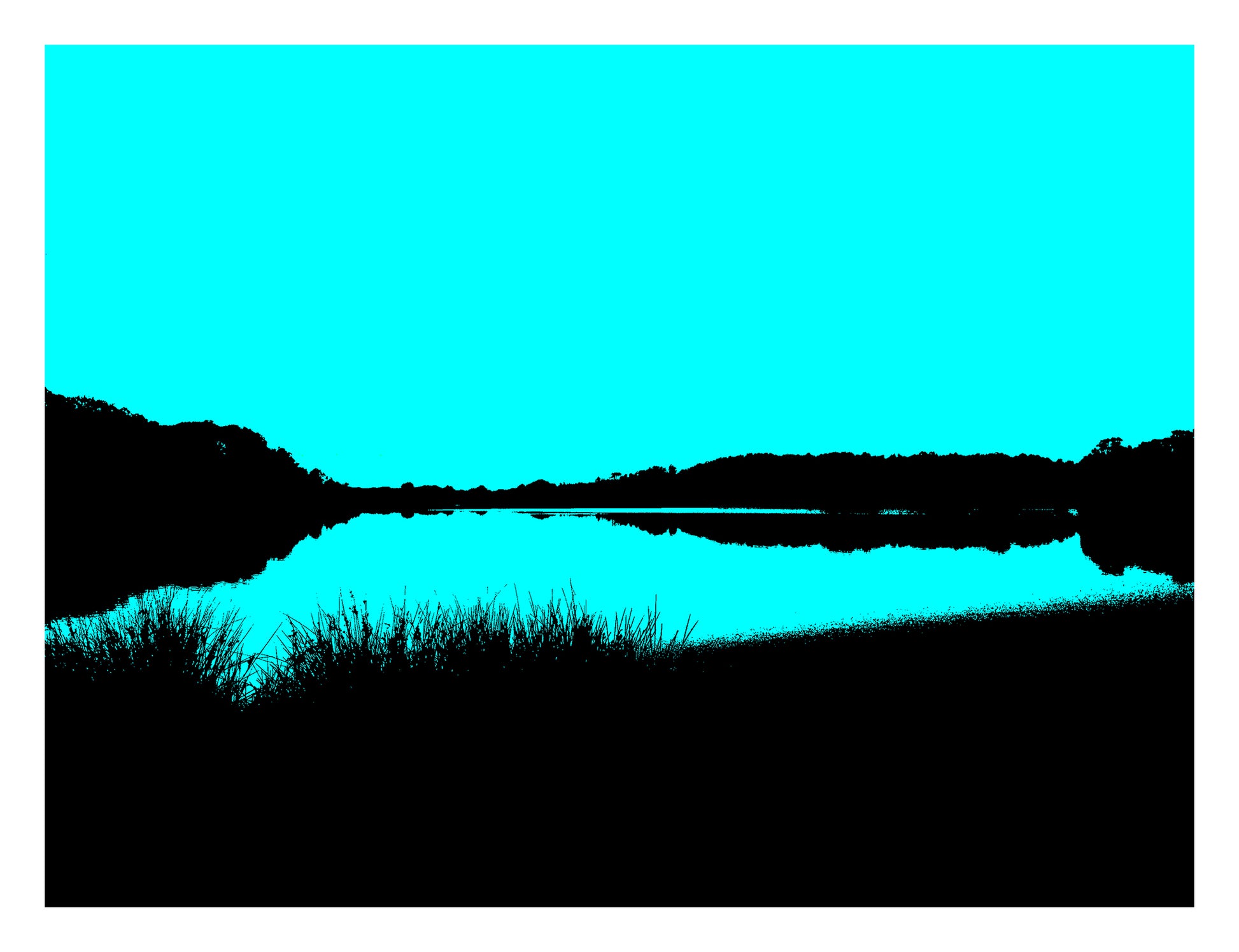 Vivid Country - Sawtell Bonville Creek to the Sea - 1053v31 - 104x81.5cm, a minimalist coastal landscape with black silhouettes of foliage and a bold cyan sky reflected in a still waterway, composed in a high-contrast, Pop Art style.
