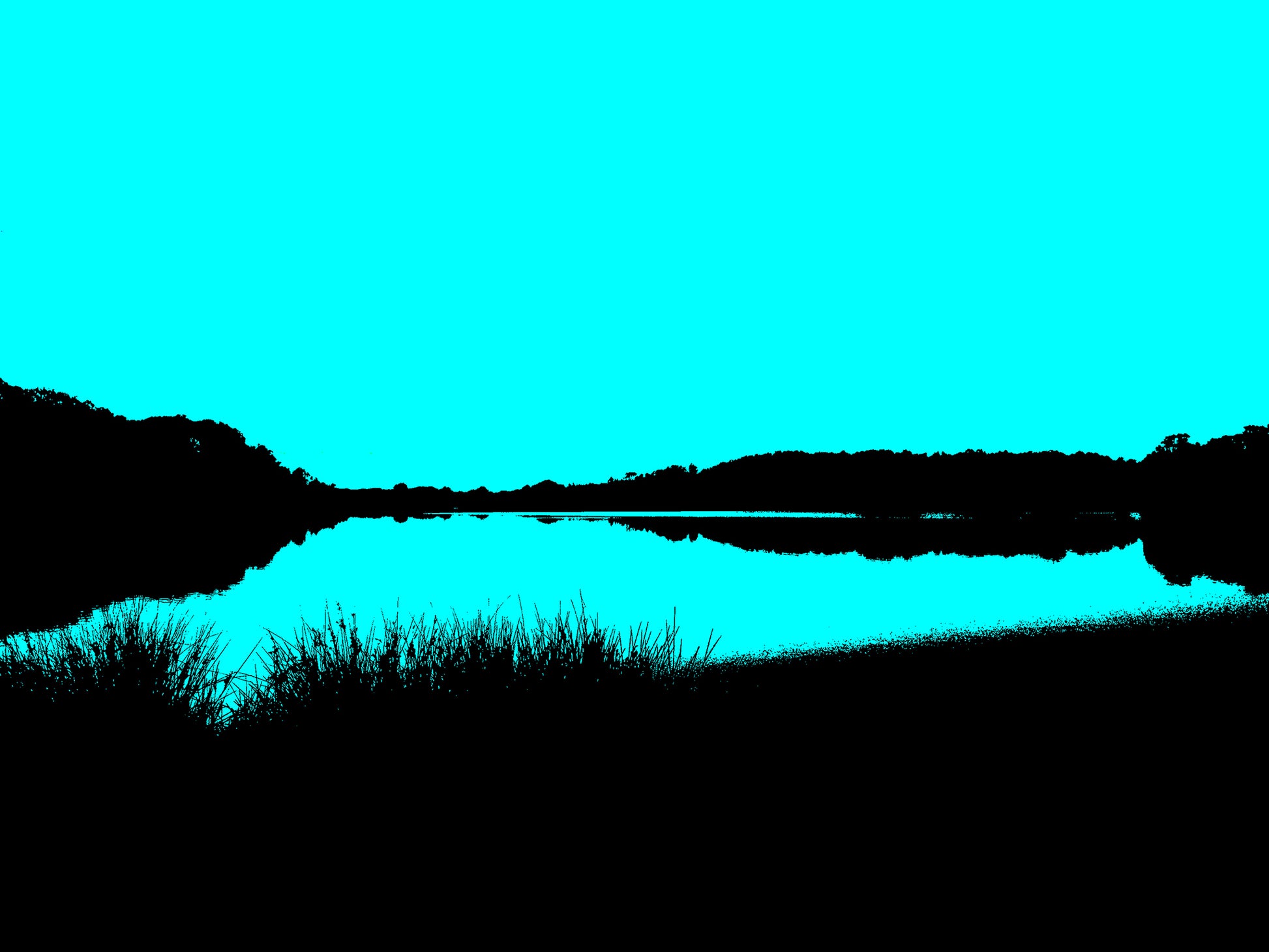 Vivid Country - Sawtell Bonville Creek to the Sea - 1053v31 - 90x67.5cm, a minimalist coastal landscape with black silhouettes of foliage and a bold cyan sky reflected in a still waterway, composed in a high-contrast, Pop Art style.
