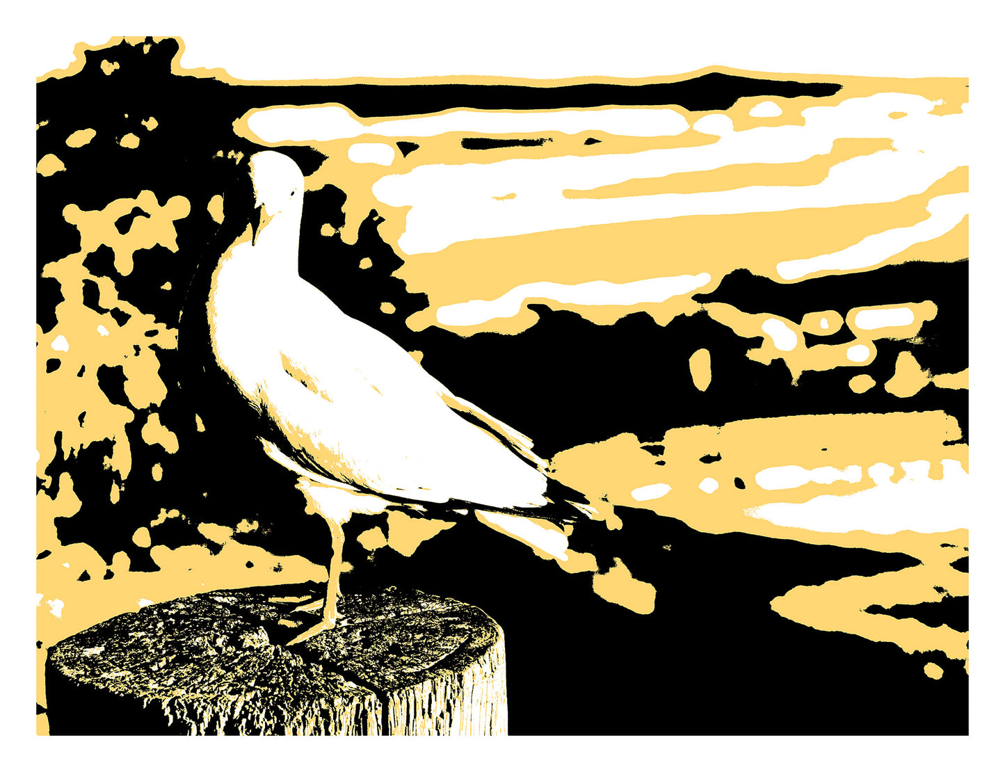 Vivid Country - Sawtell - Bonville Headland Lookout - Seagull - 19E169227 - 104x81.5cm, Stylised image of a seagull perched on a wooden post, set against a graphic coastal landscape in bold tones of golden yellow, black, and white.