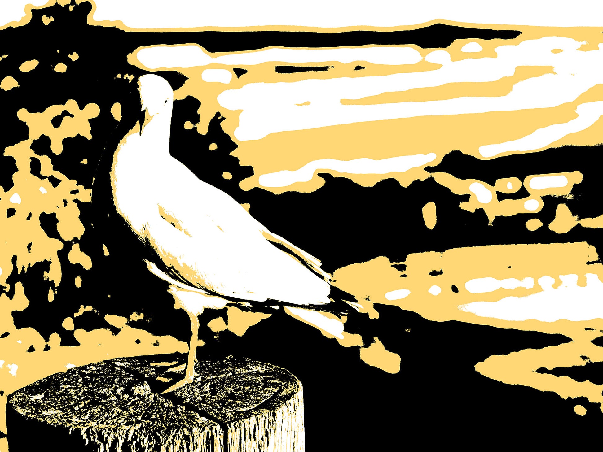 Vivid Country - Sawtell - Bonville Headland Lookout - Seagull - 19E169227 - 90x67.5cm, Stylised image of a seagull perched on a wooden post, set against a graphic coastal landscape in bold tones of golden yellow, black, and white.