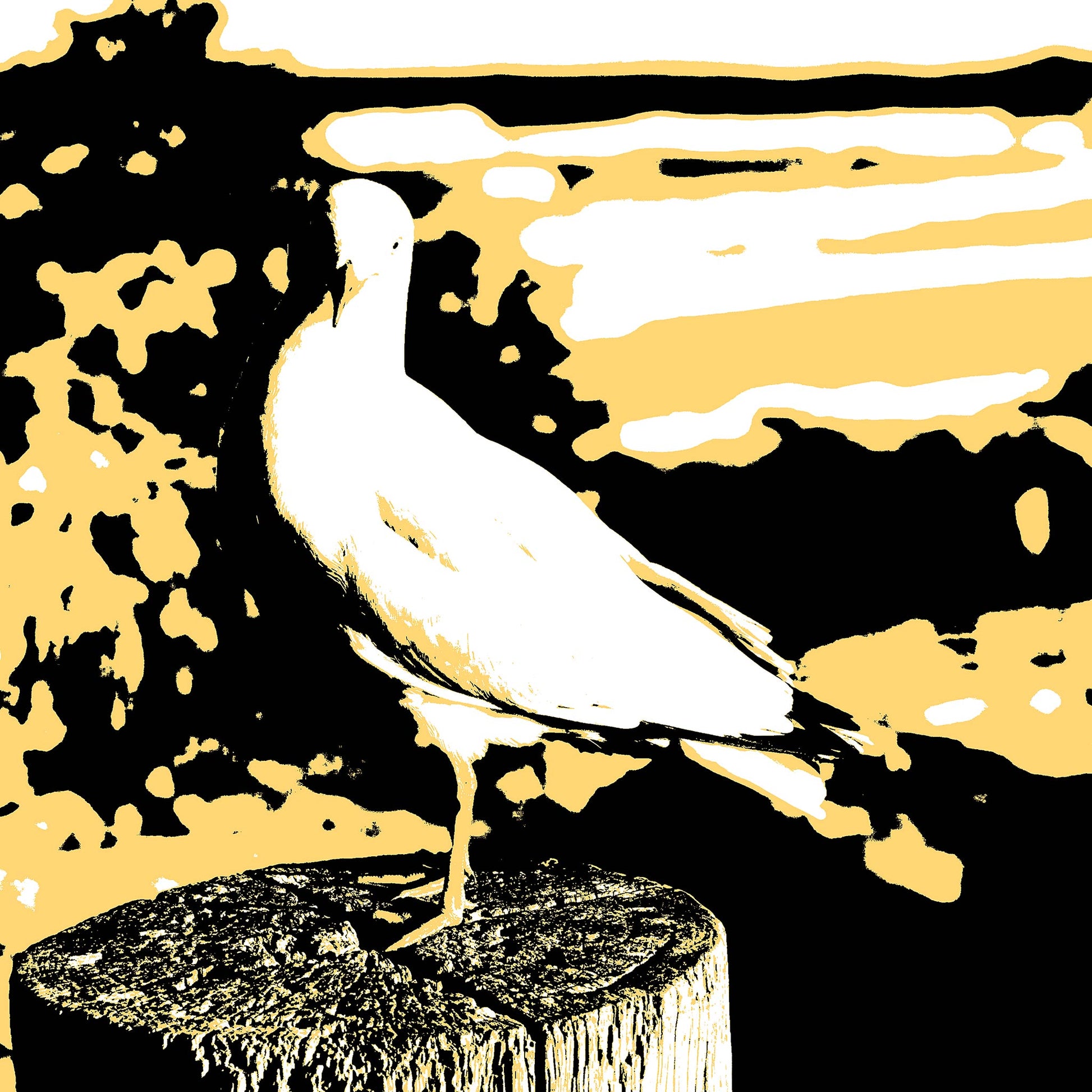 Vivid Country - Sawtell - Bonville Headland Lookout - Seagull - 19E169227 - Close Detail View, Stylised image of a seagull perched on a wooden post, set against a graphic coastal landscape in bold tones of golden yellow, black, and white.