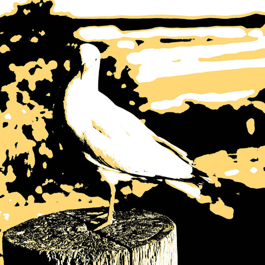 Vivid Country - Sawtell - Bonville Headland Lookout - Seagull - 19E169227 - Close Detail View, Stylised image of a seagull perched on a wooden post, set against a graphic coastal landscape in bold tones of golden yellow, black, and white.