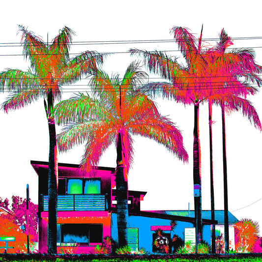Vivid Country - Sawtell Coastal Palms - 7461v27 - Close Detail View, a bold, Pop Art-inspired coastal streetscape featuring five vibrant palm trees towering over modernist homes and vintage cars, rendered in electric tones of pink, orange, blue, and green with stark graphic contrast.