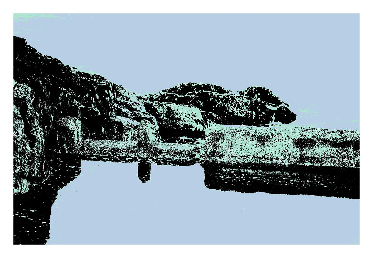 Vivid Country - Sawtell Rockpool - 7527v7 - 104x74cm, a minimalist Pop Art-style print of a weathered ocean rockpool surrounded by coastal rock formations, shown in soft pastel tones of blue and green. A still, contemplative coastal scene.